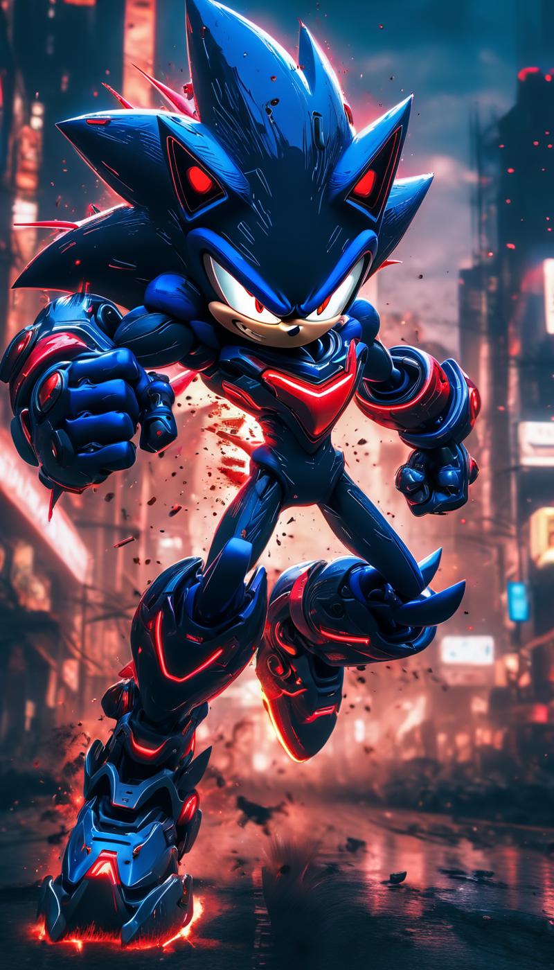 A blue cartoon robot character with red accents stands in the foreground against a cityscape.
