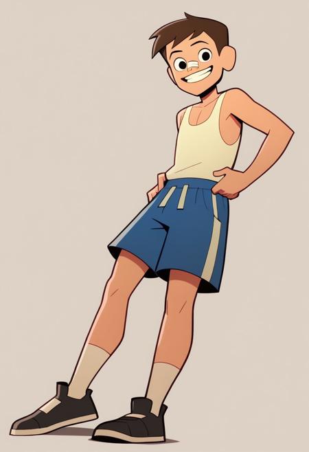 LuckyLay, 1boy, brown hair, black eyes, nose bandage white tank top blue shorts with white stripe white socks with red stripe white-laced black sneakers <lora:LuckyLay:1>