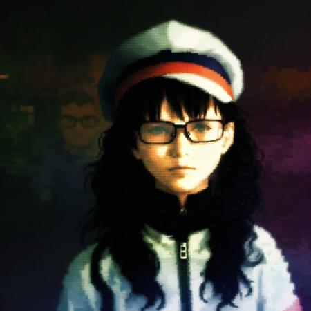 <lora:seleznev_trixel_art:1>, seleznev_trixel_art,  drawing, blur, pixelated, glitch, dithering, 1boy, 1girl, black hair, glasses, hat, long hair, short hair