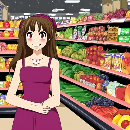 an old fashioned portrait of  woman posing for the camera in a grocery store, Anime512