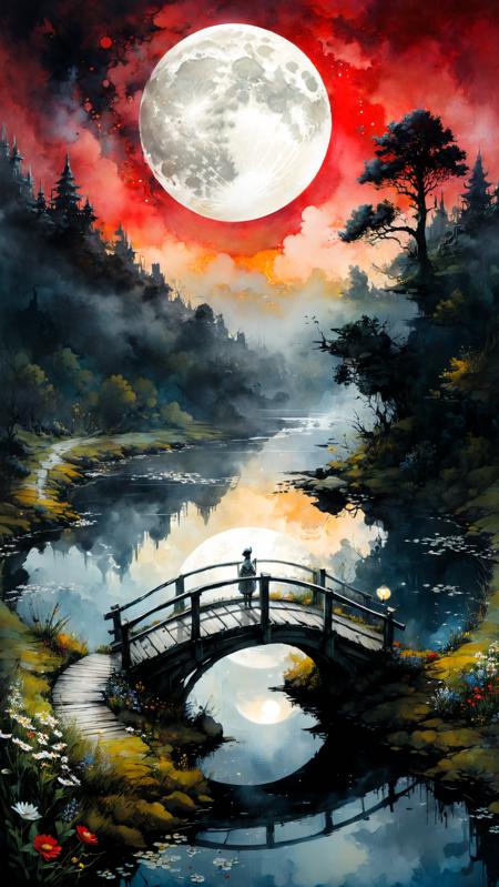 <(score_9,score_8_up,score_7_up,score_6_up,score_5_up,score_4_up):1.0>,
<(Fantasy dreams, magic, moon, fog, gloomy, ink, acrylic, double exposure, mythological, best quality, by Osama Fares, Van Gogh, Waterhouse, Craola, Carne Griffiths, Dan Mumford, Minjae Lee, Andy Kehoe, Miyazaki, patchwork, adorable, vintage, art on a cracked paper):1.3>,
<(Storybook detailed illustration, cinematic, ultra highly detailed, tiny details, beautiful details, mystical, luminism, vibrant colors, complex background, Stylized watercolor art. A stunning white-dragon, dark eclipse, celestial dramatic event, small bridge by the swampy river, wildflowers):1.0>,
<(by c215 and Arthur Rackham, Paul Barson, Paul Lovering, masterpiece, color print art, red sunrise, vibrant. Sharp, focused, vibrant, colorful, clear image, high contrast):0.9>
<lora:add-detail-xl:1>,
<lora:xl_more_art-full_v1:1.0>