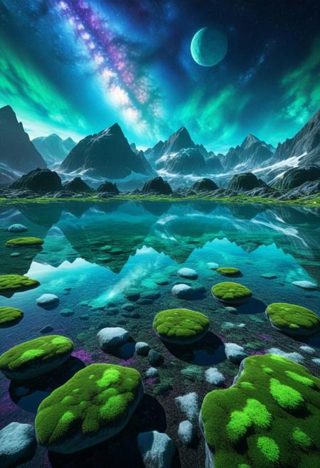 A breathtaking wide-angle shot of an alien alpine landscape with towering, snow-capped mountains perfectly reflected in a crystal-clear lake. The moss-covered rocks in the foreground are vibrant green, speckled with surreal patches of bright purple and turquoise, adding an otherworldly touch against the tranquil waters. Low-lying, mist-like clouds wrap gently around the jagged, alien peaks. Above, three moons and the faint glow of the Milky Way stretch across the sky, enhancing the cosmic wonder of the scene. The lush greenery contrasts beautifully with the rugged alien cliffs, creating a harmonious yet majestic atmosphere on this distant world. Ultra-realistic, cinematic, with vivid alien colors and a serene, ethereal ambiance., Background, scenery