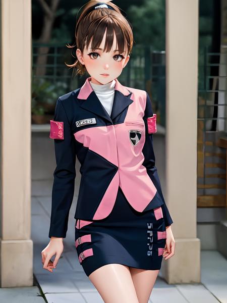 Umeko brown hair, skirt, ponytail, jacket, boots, pencil skirt, uniform, brown eyes, long sleeves, short hair, black footwear, star (symbol), blush, bangs, armband,