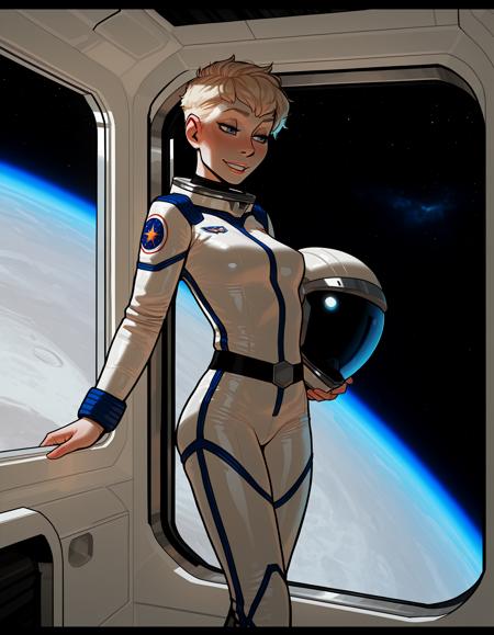 IllustriousQual, detailed face,
tall woman, solo, very short blonde hair, pixie cut, small breasts, long legs, mischievous smile,
wearing a spacesuit and helmet, 
on a space station, posing in an airlock, view of blue planet out of window,
<lora:incaseIllustrious:0.8> incase style,