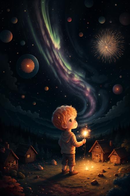 1boy,lovestar, aerial fireworks, astronaut, aurora, milk way, festival,  starry sky, chibi,  Fisheyes, masterpieces, top quality, best quality, official art, beautiful and aesthetic, animation, 8k raw,
 <lora:lovestar:0.8>