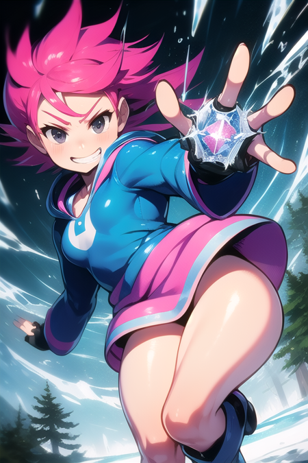 Kumatora, pink hair, black eyes, hoodie, blue hoodie, short hair, tomboy, pink boots, spats, fingerless gloves, thighs, (ice powers), smug grin, forest background, dynamic pose