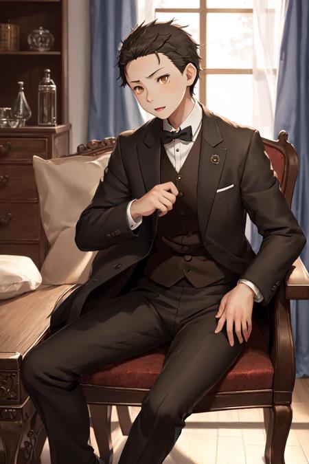 highres, sharp focus, pixiv masterpiece, ((intricate details)), highly detailed, natsuki_subaru, 1boy, full body, brown eyes, black hair, tailcoat, <lora:Natsuki_Subaru_v1_1:0.8>