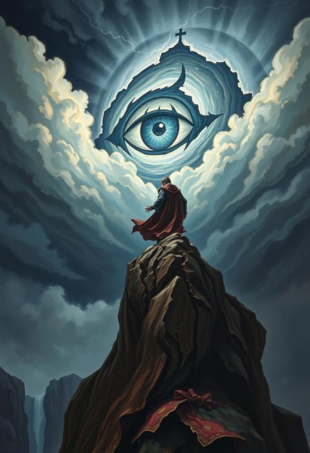 A dark fantasy illustration portraying a robed sorcerer standing atop a craggy cliff, summoning a massive, glowing eye symbol in the storm-filled sky above. The scene is rendered in intricate detail, with swirling clouds, crackling lightning, and a dramatic interplay of light and shadow adding to the awe-inspiring intensity.
( oil painting art style, monet style, monet style, painting, palette knives painting, impasto painting, canvas texture, (( Oil painting effect )), oil painting brush, oil painting style, brush stroke, monet style, oil painting detailers ), canvas, brush, palette, pigment, oil, varnish, texture, impasto, glazing, underpainting, still life, Renaissance, Baroque, Impressionism, modern art, contemporary art, fine art, visual art, and art history., ( simmering, sparkling, splendid, ultra-detailed, 4K, depth of field, high resolution, (( Masterpiece, best quality )), sharp focus, highly detailed, ultra high resolution, perfect fingers, ) ., midjourney style