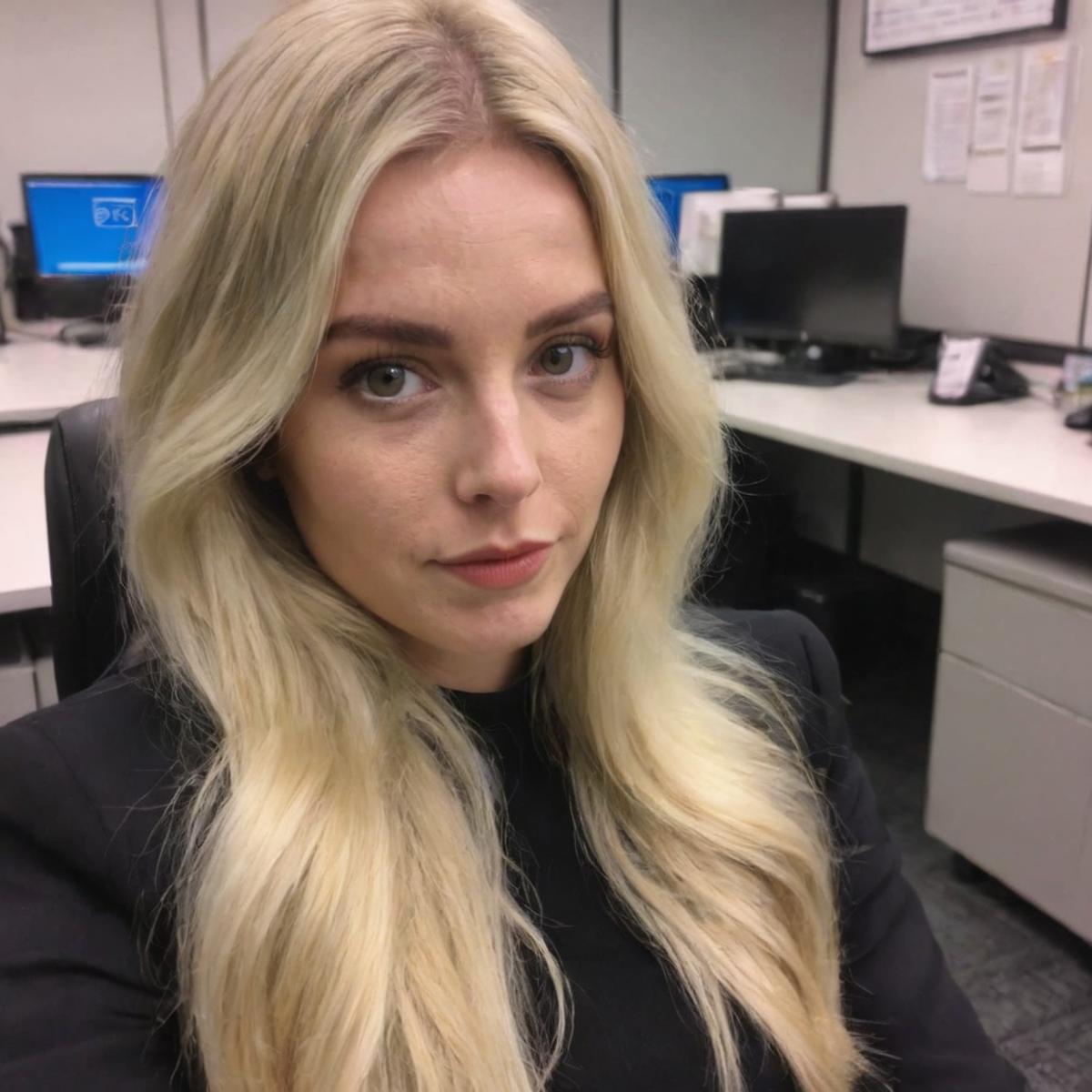 A Blonde Woman Sitting in an Office Chair with a Jacket On.