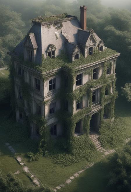 photo-real: **The Crumbling Manor**: A once-grand manor house now in ruins, 
with ivy creeping up the walls and broken windows. The grounds are overgrown with weeds, 
and the air is filled with the sound of distant whispers., 
isometric, 
digital art, 
smog, 
pollution, 
toxic waste, 
chimneys and railroads, 
3 d render, 
octane render, 
volumetrics, 
by greg rutkowski