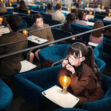 best quality, ultra-detailed, illustration, glasses, 
grandsalon13, 1girl, long hair, short hair, multiple girls, brown hair, black hair, sitting, ponytail, multiple boys, indoors, table, 6+boys, facing away, lamp
 <lora:grandsalon13_SD15_V1:1>