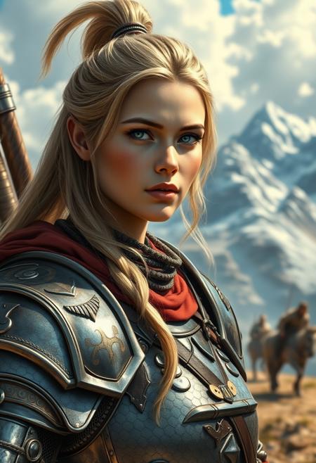 A knight women with detailed facial features,
Beautiful, with a detailed armor in front of a magnificent scenery, of war