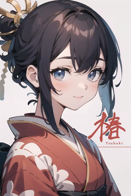 (finely best quality illustration:1.2), (kawaii girl:1.0), (1girl, solo:1.0), (black short hair:1.0), (red kimono, tsubaki pattern:1.0), (smile:0.6), (upper body:1.0), (ultra-detailed, highres:1.0),