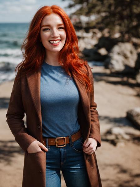 4nn41is3ba550, red hair, hazel eyes, smile, t-shirt, brown coat, blue jeans, belt, outdoors, pier, <lora:Annalise_Basso_PMv1a_LyCORIS:1>, Photorealistic, Hyperrealistic, Hyperdetailed, analog style, detailed skin, matte skin, soft lighting, subsurface scattering, realistic, heavy shadow, masterpiece, best quality, ultra realistic, 8k, golden ratio, Intricate, High Detail, film photography, soft focus