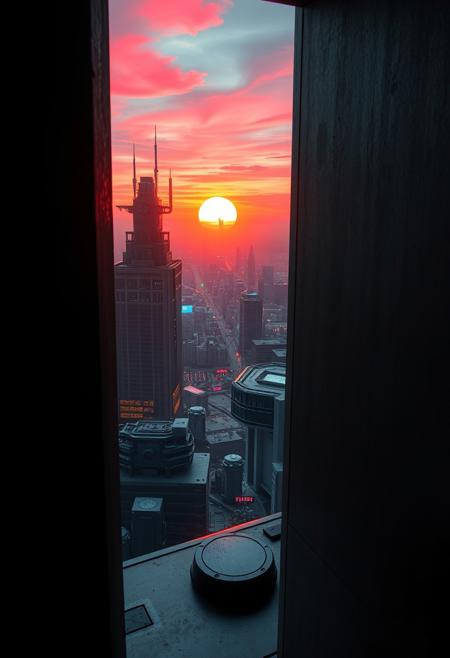A fleeting sunrise seen through a narrow, tinted slit in the sleek, matte-black concrete wall of a futuristic, dystopian high-rise. For a single second, the sun’s neon-orange rays stream in, casting a surreal, warm glow across the sterile interior filled with glowing holographic displays and humming machinery. Beyond the slit, a sprawling cyberpunk cityscape unfolds with towering megastructures, flickering neon signs, and autonomous drones silhouetted against a sky streaked with electric pink and violet hues. The brief sunlight glints off a metallic surface inside, emphasizing the contrast between the cold, high-tech environment and the ephemeral beauty of the sunrise, before shadows reclaim the scene.