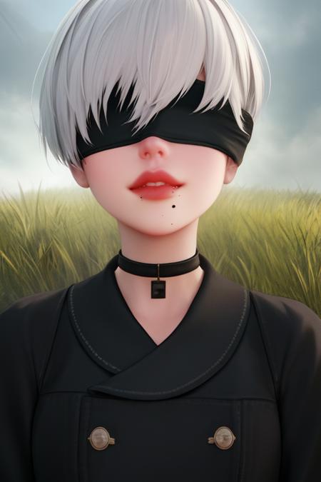 Yorha white hair,black blindfold,short hair,black choker,covered eyes,lips,mole under mouth,  standing, upper body,  close up,  smile, 
Ygear, black gloves,long sleeves ,black footwear, black shorts, black socks,black jacket,buttons,
deserted school yard, fog,  grass, 
(insanely detailed, beautiful detailed face, masterpiece, best quality)    <lora:Yorha9s:0.7>