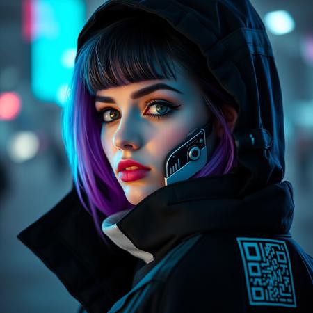 cyberpunk, closeup portrait of a woman with a half robot face, pastel green/teal/purple,  wearing a black high collar hooded parka with technical macro writing resembling an qr-code//bar-code on the back, solo, woman, high collar parka,