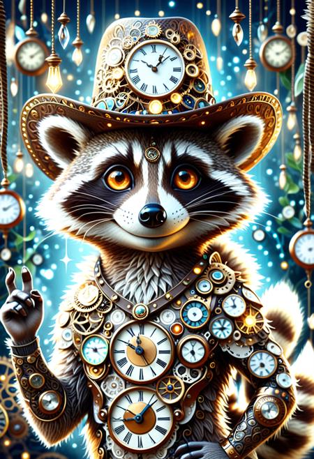 The image depicts a highly stylized and artistic representation of a (smiling raccoon wearing a cowboy hat:1.3) with a crystal, intricate white and bronze design. The figure has a slender, elongated body with a smooth, almost ethereal surface. The skin appears to be a combination of clocks and organic vines, with a pattern that resembles numbers between 1 and 12. The figure's body is adorned with a series of small, glowing lights and gears that add to the natural and otherworldly aesthetic.

The figure has fur that is intricately woven with metallic elements and small, delicate cogs. The fur is styled in a way that frames the face and extends down the back like steam or smoke. The face itself is striking, with large, expressive eyes that have an blue|green|amber|violet hue, giving the figure an intense and captivating gaze.

The background consists of a Victorian era circus, steampunk