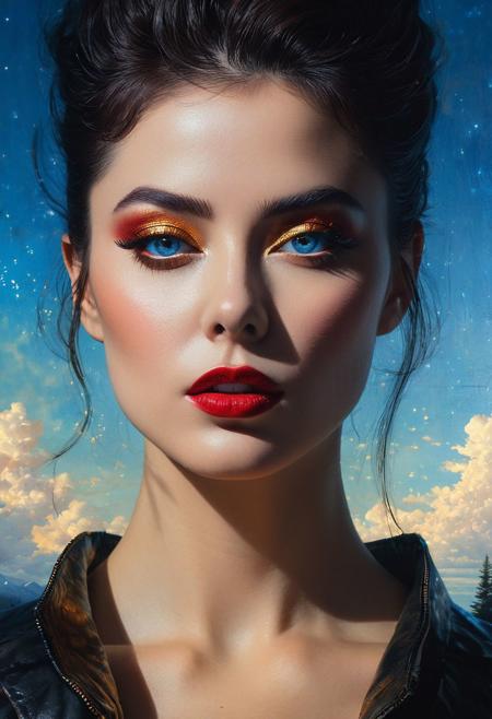 (The devil  with glowing eyes) (ingenious opus magnum by Michael Vincent Manalo and Elvira Vigna:1.2), (pastel oil painting:0.1), high key with glistening light, cosmic anddireful and dramatic atmosphere, (zestful quinacridone nickel azo gold and electricblue color swatch:0.1), raw details, crisp details, bokeh lights, <lora:xl_more_art-full_v1:0.6> ,analog photo, ,, tall height, against burning forest in the background, blue sky, , epic clouds, (oil on canvas:0.2), , art by Jeremy Mann, god rays, dramatic light,    ,  (art by Eduard Wilhelm Pose and Master of the Holy Blood and Ivan Bilibin:1.1), (oxygen-rich air and sheltered atmosphere, , aesthetic of hard - edge painting:0.1), symmetry and balance, pioneering unparalleled masterwork with superior details, <lora:MJ52:0.90> <lora:xl_more_art-full_v1:0.4> <lora:RMSDXL_Creative:1>,(skin texture),masterpiece, top quality, best quality, official art,highest detailed,,atmospheric lighting, cinematic composition,complex multiple subjects, 4k HDRvaporwave style , , cyberpunk, vibrant, neon colors, , highly detailed,,,Leica Q2 with Summilux 35mm f/1.2 ASPH, ,, Ultra High Resolution, wallpaper, 8K,Rich texture details, hyper detailed, detailed eyes, detailed background, dramatic angle,