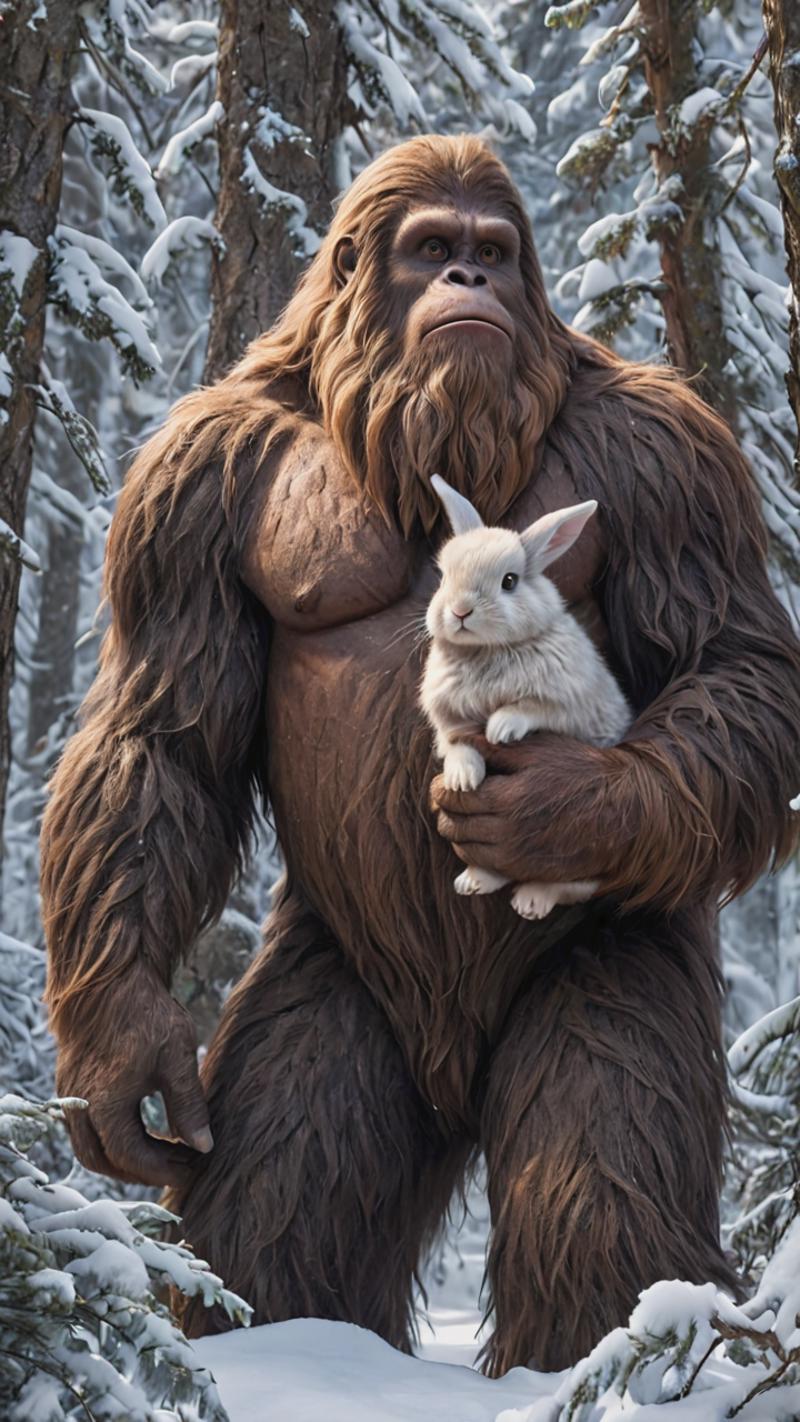 A giant Sasquatch holding a bunny in the snow
