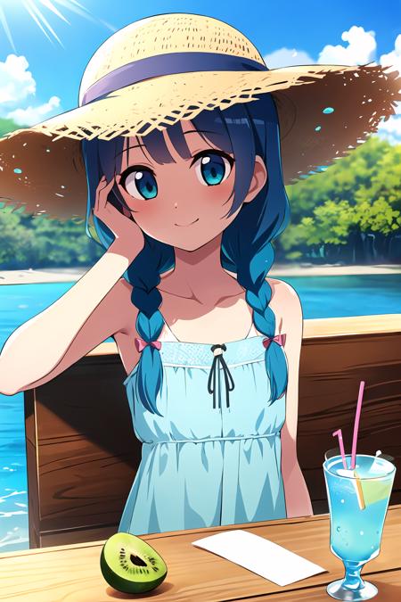 masterpiece, best quality, 1girl, flat chest, outdoors, sitting, blue sky, fruit, sun hat, straw hat, happy, table, drinking glass, water, condensation, ice, drinking straw, teal blue hair, sundress, twin braids, kiwi, hand on table, hand on headwear, ribbon,