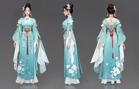 Back view, front view, multi-view, original design, East Asian character design, game character,1 girl, solo exhibition, jewelry, full body, earrings, chinese clothes, dress, gray background, hair ornament, flower, simple background, brunette hair, belt, hair flower, long sleeves, hanfu, blue and white clothes, standing, necklace, wide sleeves, hair bun, looking at the audience, brown hair, single bun<lora:Triple viewV2:1>