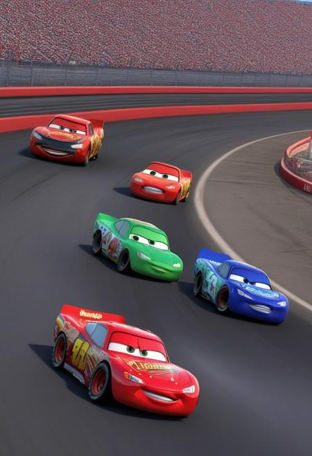 aidmafluxpro1.1, in the style of Jed-clrfl,  
highly detailed 8K image, 
This is a super high-quality 8K photo. This is a high-quality photo of the cars from the Pixar Cars series, just like real cars. It shows Lightning McQueen racing against other cars from the Pixar Cars series in a grand racing stadium. There are a lot of spectator cars in the stadium. Lightning McQueen is in the lead, Jackson Storm is in second place, and Cheek Hicks is in third place. Several cars collide, creating huge flames and smoke, but Lightning McQueen, Jackson Storm and Chick Hicks luckily escape the crash and remain in the lead.