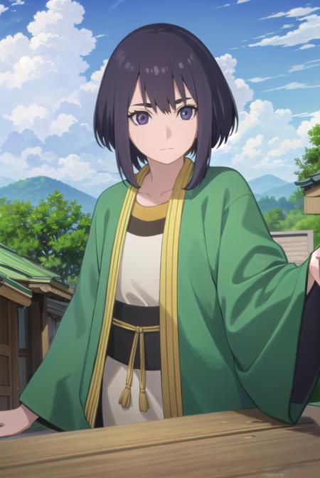 ladykiri, <lora:lady kiri-lora-nochekaiser:1>,
lady kiri, black hair, short hair, hair between eyes, (purple eyes:1.1),
BREAK long sleeves, robe, green robe, obi, dress, white dress,
BREAK outdoors, nature, forest, grass, sky, sun, clouds,
BREAK looking at viewer,
BREAK <lyco:GoodHands-beta2:1>, (masterpiece:1.2), best quality, high resolution, unity 8k wallpaper, (illustration:0.8), (beautiful detailed eyes:1.6), extremely detailed face, perfect lighting, extremely detailed CG, (perfect hands, perfect anatomy),