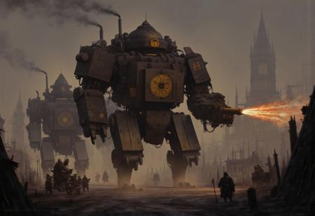  Brutalist Steampunk, gothic fantasy, moody lighting, rusted metal tones, ash and ember palette.

Mech Design: The Oblivion Cathedral
Lumbering through cratered hellscapes of a WWI-style trench battlefield, the Oblivion Cathedral is a towering Brutalist Steampunk mech forged in blackened iron and cathedral stone. Standing three stories tall, its body resembles a mobile chapel fused with a dreadnought — thick, riveted armor plates form a monolithic chest engraved with decayed holy sigils and gargoyle vents that spew alchemical steam. Massive pipe-organs on its back howl hymns of war, disorienting enemies with sonic barrages.

Its arms: one is a siege-flail wrapped in chains of burning scripture; the other, a baroque cannon belching molten shells inscribed with runes. Spiked treads grind through mud and corpses alike, dragging a spiked censer cart behind it — spreading toxic fog and corrupted incense. A brass cathedral dome helmet crowns its form, beneath which glows a single, cursed eye.

Piloted by a bone-armored priest-knight fused to the control throne, the mech is both machine and relic — a walking relic of divine horror. Its presence turns trenches into shrines of ruin. It is not worshiped. It is feared.

