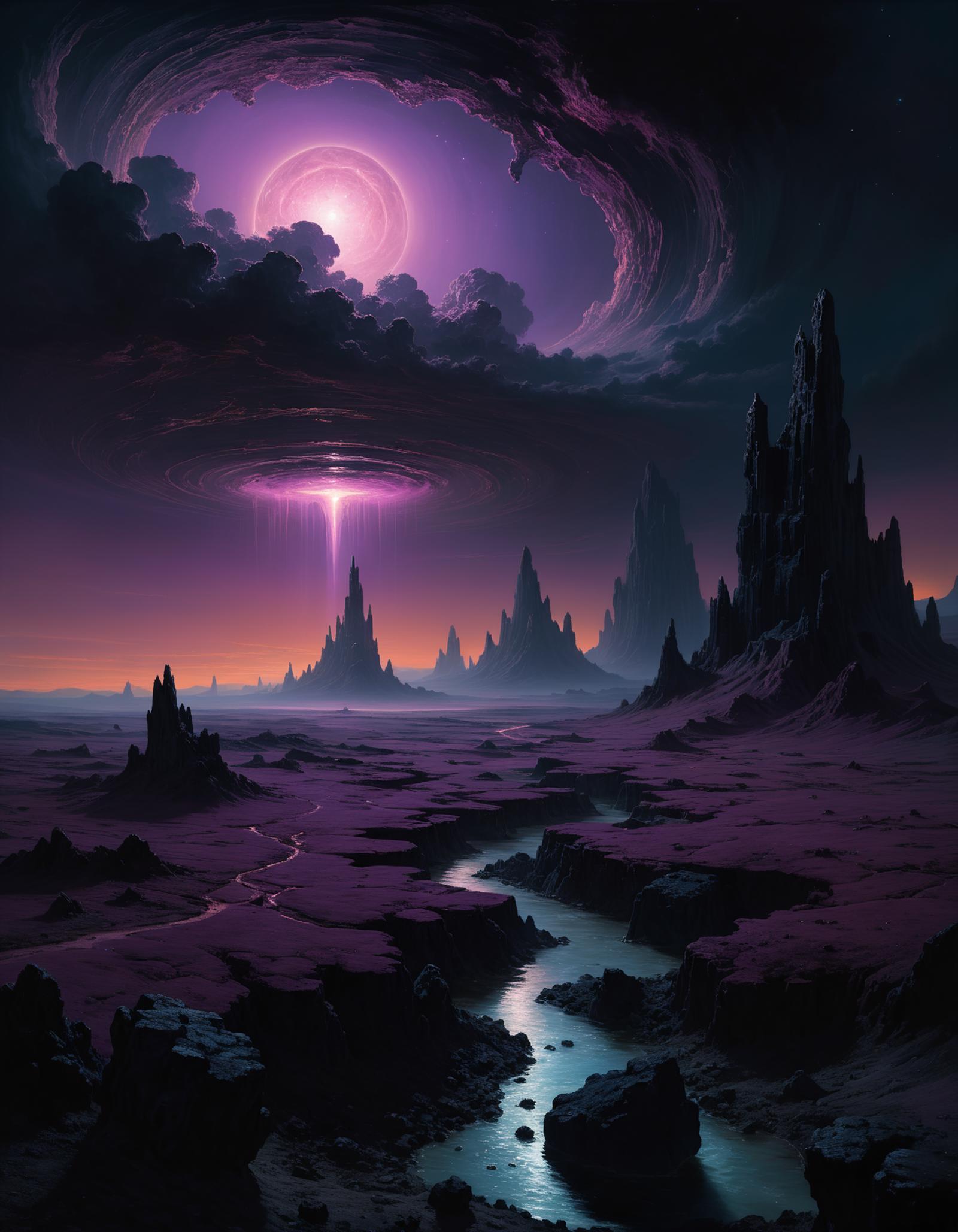 A fantasy artwork featuring purple and black skies, a river, and a unique landscape.