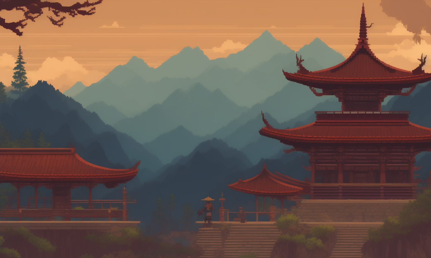 pixelart  video game cover art of a samurai standing in front of a Japanize temple with mountains in the distance, pixelar...
