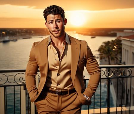 Nautical-themed (Photo:1.3) of (Ultrarealistic:1.3) <lora:Man_Men_FFashion:1> nick jonas a man <lora:nick-jonas:1> in a tan suit standing on a balcony, sun behind him, inspired by Pablo Munoz Gomez, shot at golden hour, editorial photograph, midshot of a hunky, by Roman Bezpalkiv, by Artur Tarnowski, maxim sukharev, by Gabor Szikszai,Highly Detailed,(Mono Color:1.3) . Sea, ocean, ships, maritime, beach, marine life, highly detailed