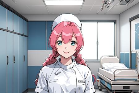 (RAW photo, best quality), 1girl,  natural lighting, indoor, hospital, operating room,  <lora:innai_kansen_yoneda_shiori_v2_2-000004:1>, yoneda shiori, nurse, nurse cap, smile,