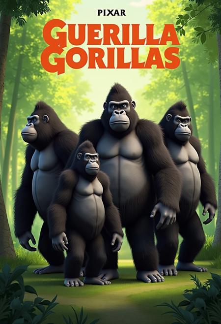 Poster for Pixar film titled "Guerilla Gorillas", about a team of guerilla gorillas.