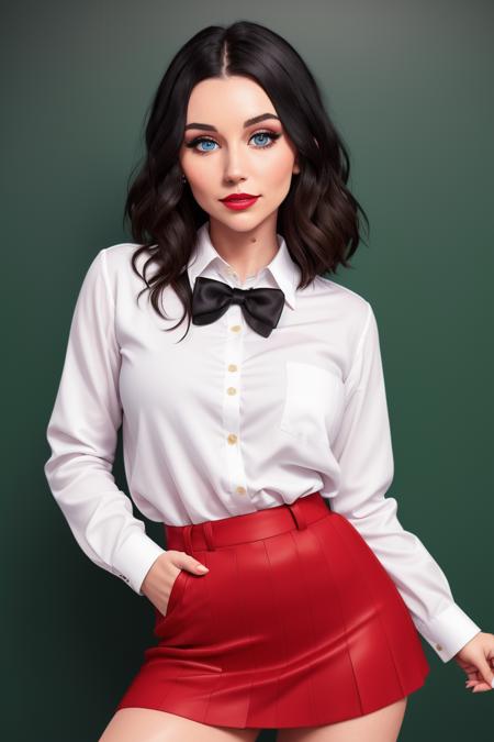 photo of a woman, grace:0.99,((beautiful black hair, short hair):1.2) ((bowtie, white shirt, books, skirt, thighhighs)), ((cowboy shot, waist, hips, thighs):1.2),((standing, chalkboard, classroom):1.1),((red lipstick,heavy eyeliner, heavy eye shadow, blush):1.2), ((best quality, masterpiece, extreme details, high resolution):1.2),((detailed eyes, beautiful eyes, detailed face, beautiful face):1.2)