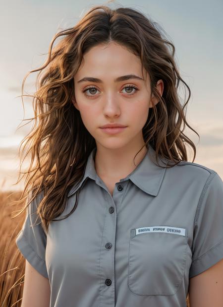 portrait of emmy rossum <lora:Emmy Rossum LoRA:0.7>, tired , wearing workwear , with gray Beachy waves , background field of wheat epic (photo, studio lighting, hard light, sony a7, 50 mm, matte skin, pores, colors, hyperdetailed, hyperrealistic)