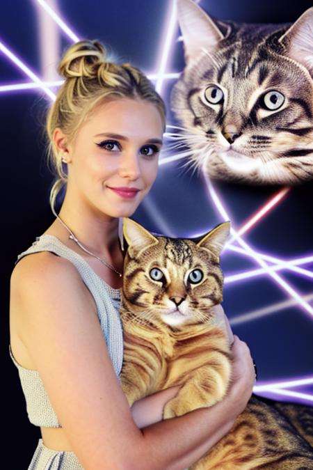 Professional photograph of <lora:GaiaWeiss-1599-byMal:0.8> GW Woman, blonde hair, hair tied up, meme, 1girl, holding cat, laser background, cat images in the background, cowboy shot, <lora:Meme_AwkwardCatPhoto:0.9>, highest quality, 4k, 8k, masterpiece, absurdres, bokeh.