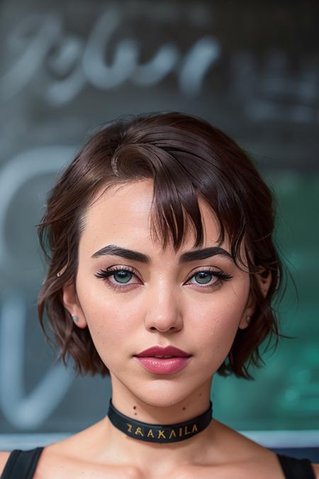 photo of jhenwick-3000-4200:0.99, a woman, ((short hair)), ((closeup, portrait):1.1), ((choker, collared dress shirt)), ((chalkboard, classroom):1.2),((beautiful eyes, detailed eyes, detailed face, beautiful face):1.3), ((lipstick, eyeliner, eye shadow)), ((best quality, extreme details, masterpiece):1.2)