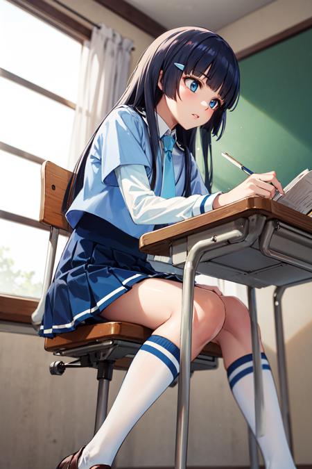 masterpiece,best quality,highres,ultra-detailed,bbreika,long hair,hairclip,nanairogaoka middle school uniform,blue necktie,blue shirt,collared shirt,(white shirt:1.2),long sleeves,white shirt under blue shirt,long sleeves under short sleeves,skirt,blue skirt,kneehighs,socks,white socks,shoes,brown footwear,<lora:aoki_reika:0.9>,indoors,sitting,desk,chair,classroom,(studying:1.2),