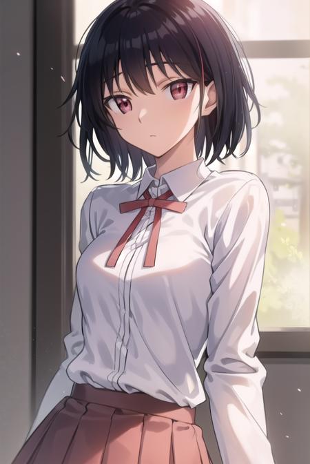 yakumotsukamoto, <lora:yakumo tsukamoto s2-lora-nochekaiser:1>,
yakumo tsukamoto, short hair, black hair, (red eyes:1.3),
BREAK skirt, shirt, long sleeves, bow, ribbon, school uniform, white shirt, pleated skirt, collared shirt, bowtie, red ribbon, neck ribbon, red skirt,
BREAK indoors, classroom,
BREAK looking at viewer, (cowboy shot:1.5),
BREAK <lyco:GoodHands-beta2:1>, (masterpiece:1.2), best quality, high resolution, unity 8k wallpaper, (illustration:0.8), (beautiful detailed eyes:1.6), extremely detailed face, perfect lighting, extremely detailed CG, (perfect hands, perfect anatomy),