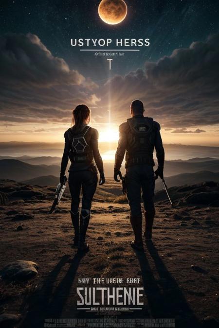 score_9, score_8_up, score_7_up, ultrarealistic movie poster, Artistic composition, title of the film written in stylized letters at the top of the poster, title of the film overlooking a silhouette of Earth surrounded by menacing alien spacecraft, In the foreground 3 heroes stand together, Glimmers of hope shine through the dark clouds, <lora:more_details:0.5>