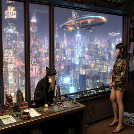 black cat with a white neck and white feet is sits on a cluttered metal riveted desk next to a maneki neko statue and small bronze buddha, the cat is looking out to a floor to ceiling window that looks out over a futuristic cyberpunk Tokyo skyline with skyscrapers and futuristic airships covered with lights and advertisements in Japanese, a tall thin beautiful young woman, 22 years old, is standing next to the cat looking out at the city through the window, The woman is dressed in an ornate short japanese style bath robe, exposing her long legs.  The woman's hair is messy from just waking up. Artistic cyberpunk, dynamic perspective,