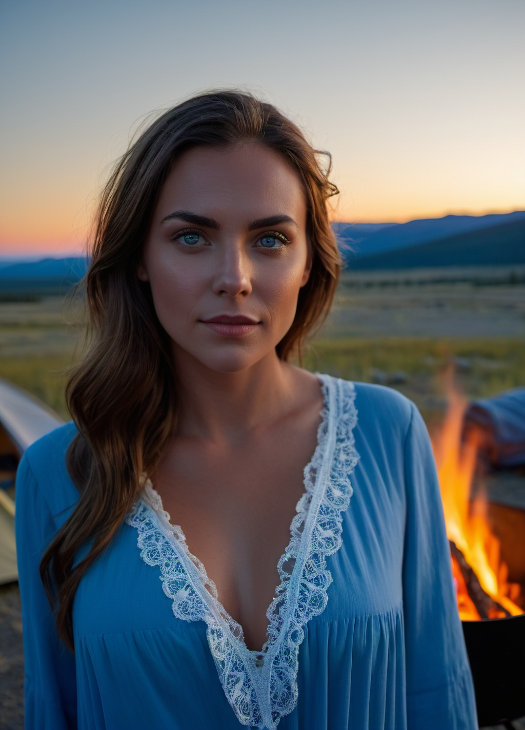 1girl, camping, tent, campfire, nightgown, cleavage, Yellowstone National Park, vast open view in the background, perfect eyes, highly detailed beautiful expressive eyes, detailed eyes, (highly detailed skin:1.1), professional photoshoot, distance view, (wide angle view:1.4), Intricate details, RAW, analog style, sharp focus, 8k, high resolution, canon dslr, 35mm photograph, film, bokeh, professional, 4k, highly detailed dynamic lighting, photorealistic, 8k, raw, rich, intricate details, key visual, vivid colors