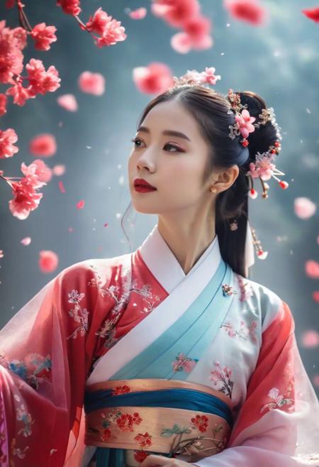 A very beautiful young woman in traditional Chinese clothing, Hanfu, very beautiful, fairy-like, with flower petals floating around, cinematic quality, ultra high quality, 4K, outstanding, detailed, full body shot
