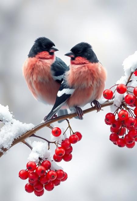 The image depicts a pair of Eurasian Bullfinches perched on a snowy branch laden with bright red berries. The birds, with their striking black caps, pink bodies, and white wing bars, stand out against the wintery backdrop. The artist has captured the delicate details of the snow-covered berries and the birds' fluffy feathers, creating a sense of tranquility and beauty in the midst of the cold season.