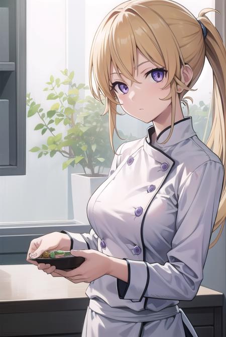 erinanakiri, <lora:erinanakiri:1>, erina nakiri, long hair, blonde hair, (medium breasts:1.2), purple eyes, BREAK ponytail, low ponytail, white long sleeves, pants, buttons, white pants, chef, (white chef:1.2), BREAK looking at viewer, BREAK indoors, kitchen, BREAK <lora:GoodHands-vanilla:1>, (masterpiece:1.2), best quality, high resolution, unity 8k wallpaper, (illustration:0.8), (beautiful detailed eyes:1.6), extremely detailed face, perfect lighting, extremely detailed CG, (perfect hands, perfect anatomy),