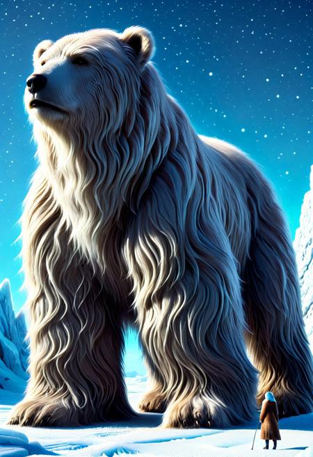 very aesthetic, attractive coloring, surreal clarity, absurdres, (anime coloring:1.2), elegant lighting, ambient tones, soft shadows, clean line art, gigantic polar bear with a self-assured Inuit woman standing before it, icy terrain, brilliant white snow and cool blue hues, made of w00kiee, cute vibe, elaborate texture, romantic setting, sharp central focus <lora:Wookiee_Hair:1.35>
