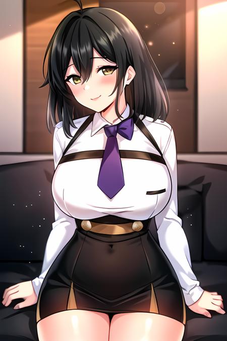 ((masterpiece, best quality)),1girl,smile,sitting, outdoor,ahoge, lumi \(uniform\) \(seka\), bangs, blush, breasts, black_hair, collared_shirt, eyebrows_visible_through_hair, hair_between_eyes, large_breasts, long_sleeves, looking_at_viewer, necktie, purple_necktie,skirt, thighs, (white_shirt), yellow_eyes,,,,,,,,extremely detailed CG unity 8k wallpaper, perfect lighting,Colorful, Bright_Front_face_Lighting,White skin, (masterpiece:1.0),(best_quality:1.0), ultra high res,4K,ultra-detailed, photography, 8K, HDR, highres, absurdres:1.2, Kodak portra 400, film grain, blurry background, bokeh:1.2, lens flare, vibrant_color,professional photograph,bow breasts, (beautiful_face:1),(narrow_waist),(Beautiful  large breasts),Beautiful Finger,Beautiful long legs,Beautiful body,Beautiful Nose,Beautiful character design, perfect face,perfect balance,(2d)