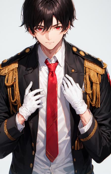 1boy, adjusting_clothes, bangs, black_hair, black_jacket, brown_hair, buttons, closed_mouth, eyebrows_visible_through_hair, gloves, hand_on_own_chest, jacket, long_sleeves, looking_at_viewer, male_focus, military, military_uniform, necktie, red_eyes, shirt, simple_background, solo, uniform, upper_body, white_background, white_gloves <lora:style_shirabii:1>