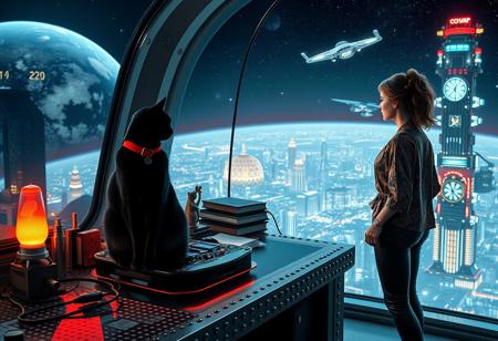 A sleek black cat with red collar sits on a cluttered metal riveted desk with transparent top and micro-LED lighted computer components visible inside, On the desk are a maneki neko statue and a lava lamp, the Black Cat is looking out of a seamless and futuristic floor to ceiling window that looks out at a planet from low orbit, the planet is covered with the lights of enormous buildings and cities, (((a beautiful woman, 24 years old, is standing next to the desk the cat is sitting on and looking longingly out the window, the woman is dressed in an ornate Japanese style shirt and tight leather-like pants. An enormous deco-cyberpunk starship with futuristic lighting and an enormous space station are visible in the background among the stars, The woman's hair is messy from just waking up and tied up with a ribbon. Artistic cyberpunk, dynamic perspective, (((overall architectural aesthetic is Art Deco Cyberpunk))).  Epic image that elicits a feeling of wonder and awe,